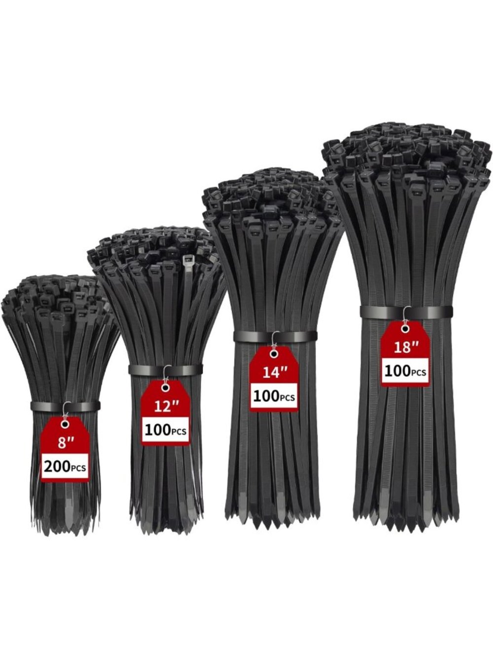 BethTie 500 Pcs Black Zip Ties Assorted Sizes 8"+12"+14"+18" 220 LBS
